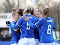 Everton's Anna Anvegard celebrates scoring their first goal with Nathalie Bjorn, Gabrielle George and teammates on February 6, 2022
