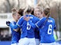 Everton's Anna Anvegard celebrates scoring their first goal with Nathalie Bjorn, Gabrielle George and teammates on February 6, 2022