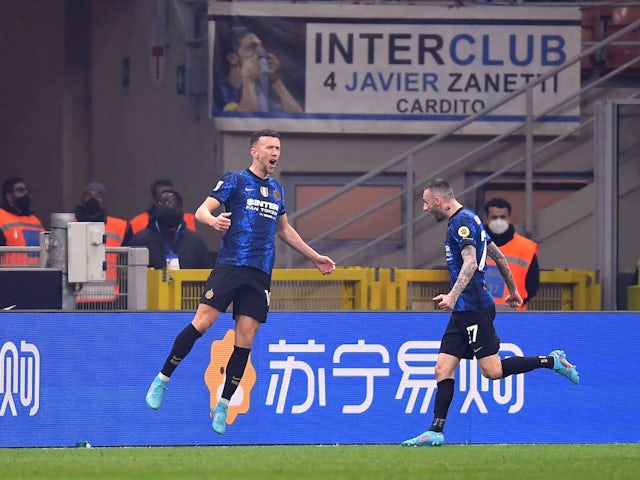 Inter Milan's Ivan Perisic celebrates scoring their first goal with Marcelo Brozovic on February 5, 2022