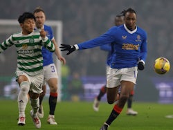 Celtic's Reo Hatate in action with Rangers' Joe Aribo, February 2, 2021