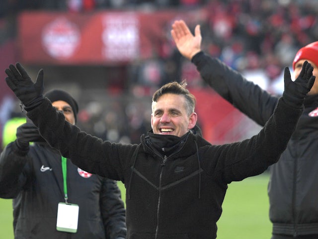 Canada head coach John Herdman celebrates a win over the United States during a CONCACAF FIFA World Cup Qualifier soccer match at Tim Hortons Field on January 30, 2022