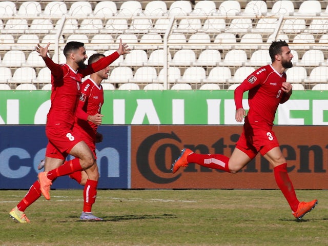 Lebanon's Maher Sabra celebrates scoring their first goal with teammates on February 1, 2022