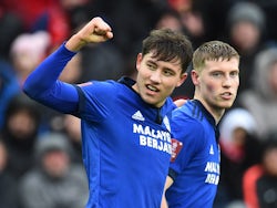 Cardiff City's Rubin Colwill celebrates scoring their first goal with Mark McGuinness on February 6, 2022