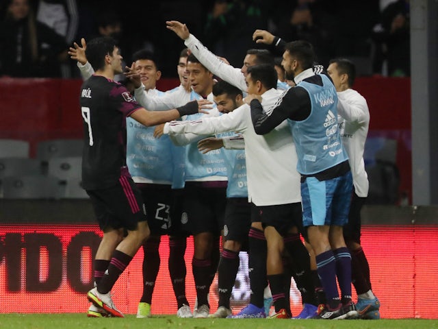 Mexico's Raul Jimenez celebrates scoring their first goal with teammates on February 2, 2022
