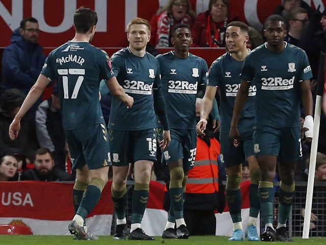 Middlesbrough's Duncan Watmore with teammates celebrate after Matt Crooks scores their first goal on February 4, 2022