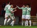 Celtic's Liel Abada celebrates scoring their first goal with Reo Hatate, Daizen Maeda and Georgios Giakoumakis on February 6, 2022