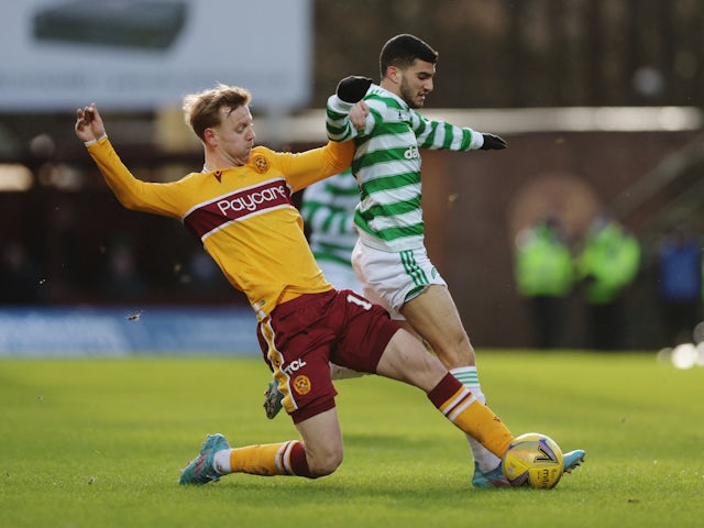Celtic's Riel Avada against Motherwell's Nathan McGinley on 6 February 2022