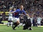 Rangers' Peter Lovenkrands celebrates scoring the winning goal in the Scottish Cup final against Celtic on May 4, 2002 