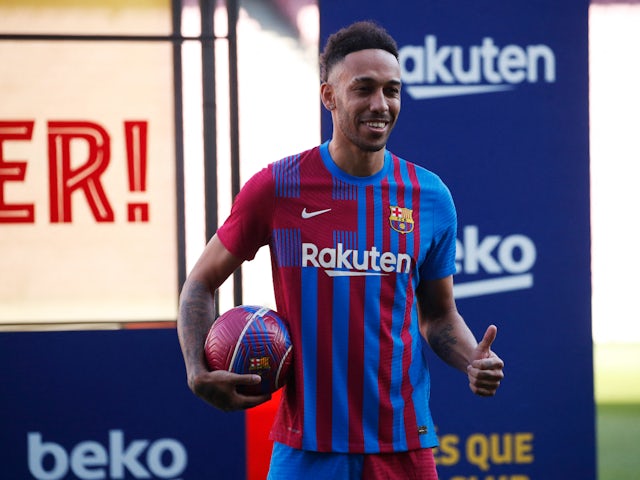 Pierre-Emerick Aubameyang pictured during his presentation as a Barcelona player on February 3, 2022