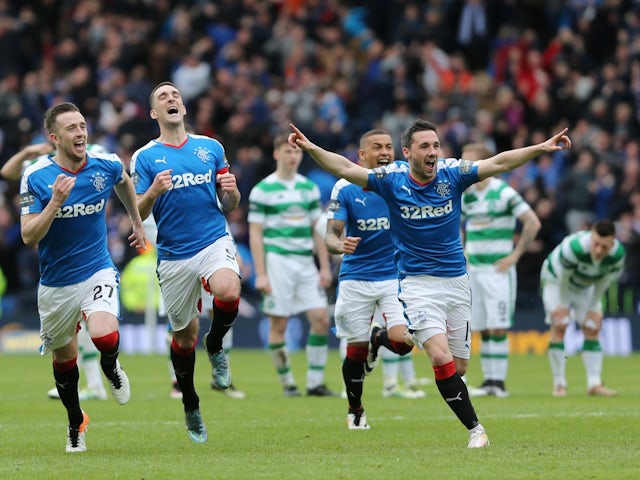 Rangers players celebrate after winning their Scottish Cup semi-final on penalties against Celtic on April 17, 2016