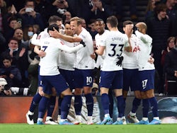 Tottenham Hotspur's Harry Kane celebrates scoring their first goal with teammates on February 5, 2022