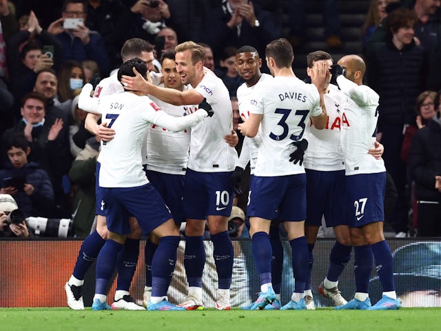 Tottenham Hotspur's Harry Kane celebrates scoring their first goal with teammates on February 5, 2022