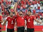 Al Ahly's Yasser Ibrahim celebrates scoring their first goal with teammates on February 12, 2022