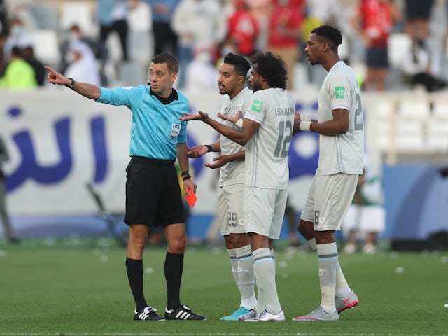 Al Hilal's Mohamed Kanno reacts after he is sent off by referee Clement Turpin on February 12, 2022