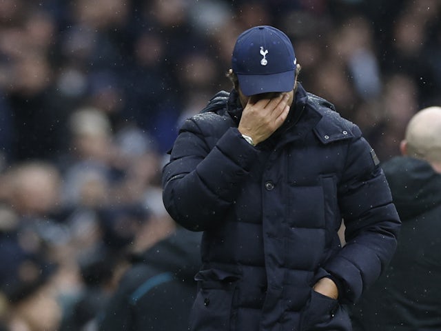 Tottenham Hotspur manager Antonio Conte looks dejected after Wolverhampton Wanderers' Leander Dendoncker scores their second goal on February 13, 2022