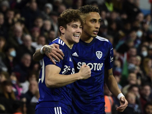 Leeds United's Daniel James celebrates scoring their first goal with Raphinha on February 9, 2022