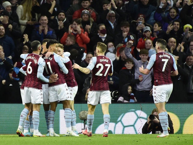 Aston Villa's Philippe Coutinho celebrates scoring their first goal with teammates on February 9, 2022