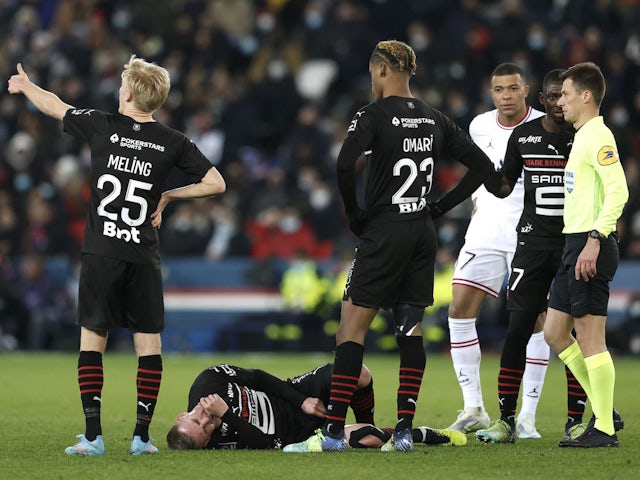 Rennes' Benjamin Bourigeaud after sustaining an injury on February 11, 2022