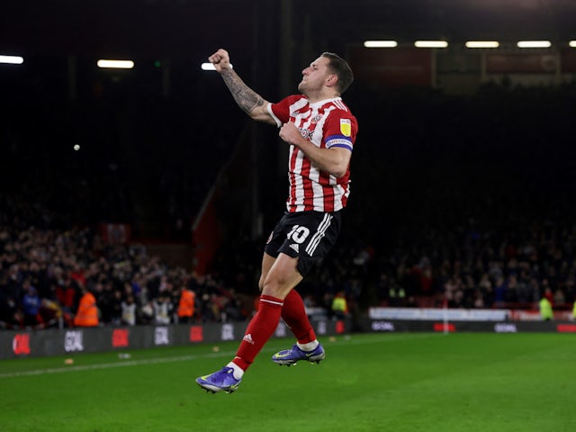 Sheffield United's Billy Sharp celebrates scoring their first goal on February 9, 2022