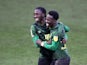 Bournemouth's Jordan Zemura and Siriki Dembele celebrate after the match on February 12, 2022