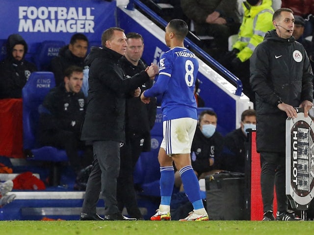 Leicester City's Youri Tielemans with manager Brendan Rodgers after being substituted on February 13, 2022