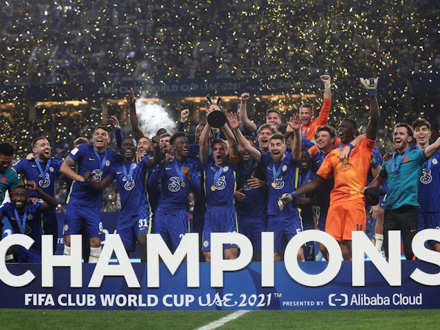 Chelsea's Cesar Azpilicueta lifts the trophy as they celebrate winning the Club World Cup on February 12, 2022