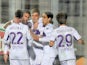 Fiorentina's Krzysztof Piatek celebrates scoring their first goal from the penalty spot with Nicolas Gonzalez, Alvaro Odriozola and teammates on February 9, 2022