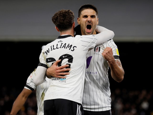 Fulham's Aleksandar Mitrovic celebrates scoring their first goal on February 8, 2022