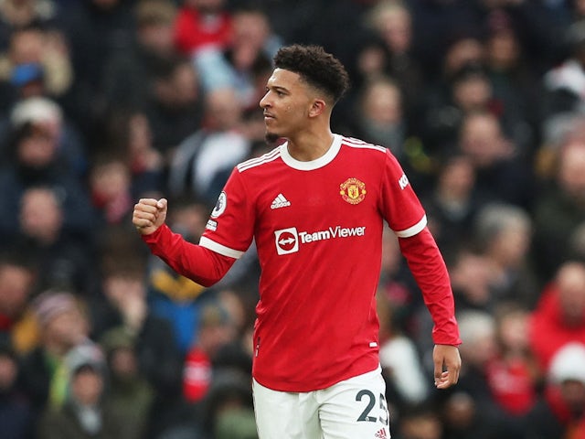 Manchester United's Jadon Sancho celebrates scoring their first goal on February 12, 2022