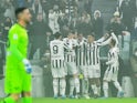 Juventus' Dusan Vlahovic celebrates scoring their first goal with teammates on February 6, 2022