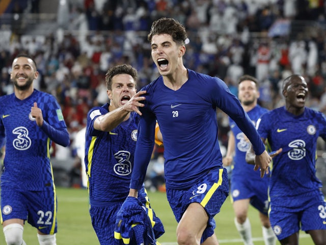 Kai Havertz celebrates scoring the winning goal for Chelsea against Palmeiras in the Club World Cup final on February 12, 2022.