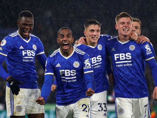 Leicester City's Ricardo Pereira celebrates scoring their second goal with teammates on February 13, 2022