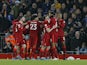Liverpool's Diogo Jota celebrates scoring their first goal with teammates on February 10, 2022