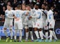 Marseille's Cedric Bakambu celebrates scoring their first goal with teammates on February 13, 2022