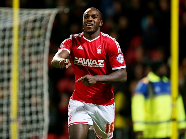 Michail Antonio celebrates scoring the second goal for Nottingham Forest against Watford on October 21, 2014