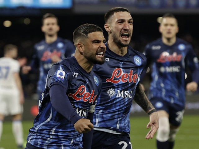 Napoli's Lorenzo Insigne celebrates scoring their first goal with Matteo Politano on February 12, 2022