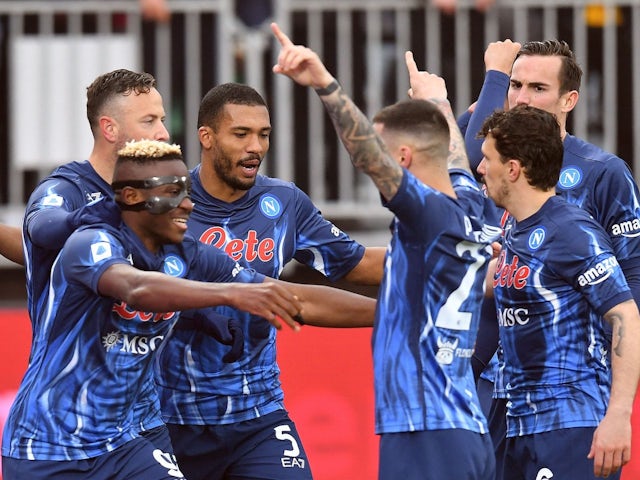 Napoli's Victor Osimhen celebrates scoring their first goal with teammates on February 6, 2022