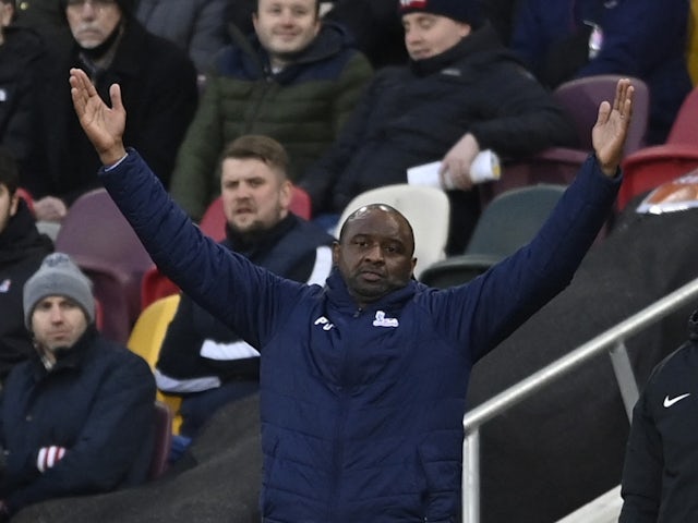 Crystal Palace manager Patrick Vieira reacts on February 12, 2022