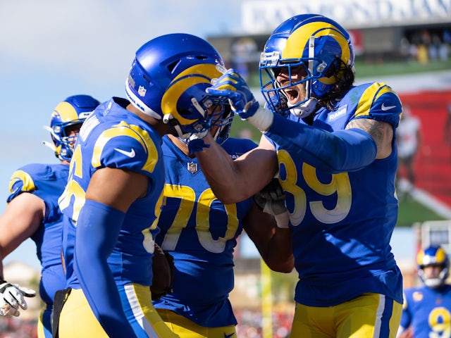 Los Angeles Rams tight end Tyler Higbee (89) celebrates with Los Angeles Rams tight end Kendall Blanton (86) after a touchdown during the first half against the Tampa Bay Buccaneers during a NFC Divisional playoff football game at Raymond James Stadium
