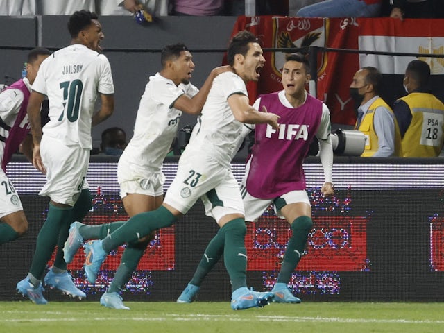 Raphael Veiga celebrates scoring for Palmeiras against Chelsea in the Club World Cup final on February 12, 2022.
