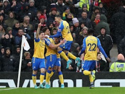 Southampton's Che Adams celebrates scoring their first goal with teammates on February 12, 2022