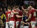 Wales celebrate beating Scotland in the Six Nations on February 12, 2022.