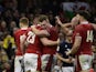Wales celebrate beating Scotland in the Six Nations on February 12, 2022.
