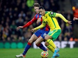 Norwich City's Adam Idah in action with Crystal Palace's Joachim Andersen on February 9, 2022