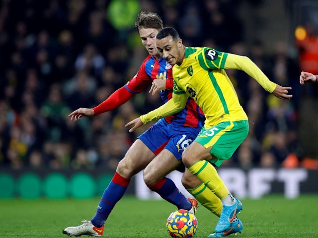 Norwich City's Adam Idah in action with Crystal Palace's Joachim Andersen on February 9, 2022