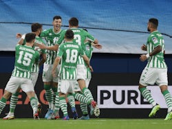 Real Betis' Guido Rodriguez celebrates scoring their first goal with teammates on February 17, 2022