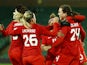 Canada Women's Vanessa Gilles celebrates scoring their first goal with teammates on February 20, 2022