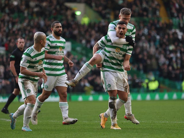 Celtic's Georgios Giakoumakis celebrates scoring their first goal with teammates on February 20, 2022
