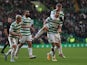 Celtic's Georgios Giakoumakis celebrates scoring their first goal with teammates on February 20, 2022