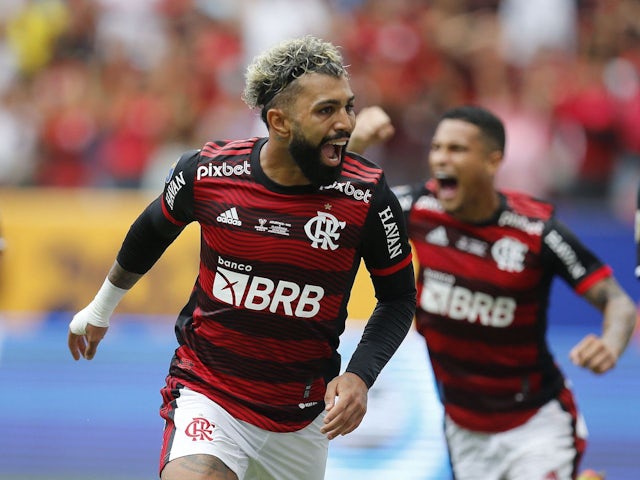 Flamengo's Gabriel Barbosa celebrates scoring their first goal on February 20, 2022